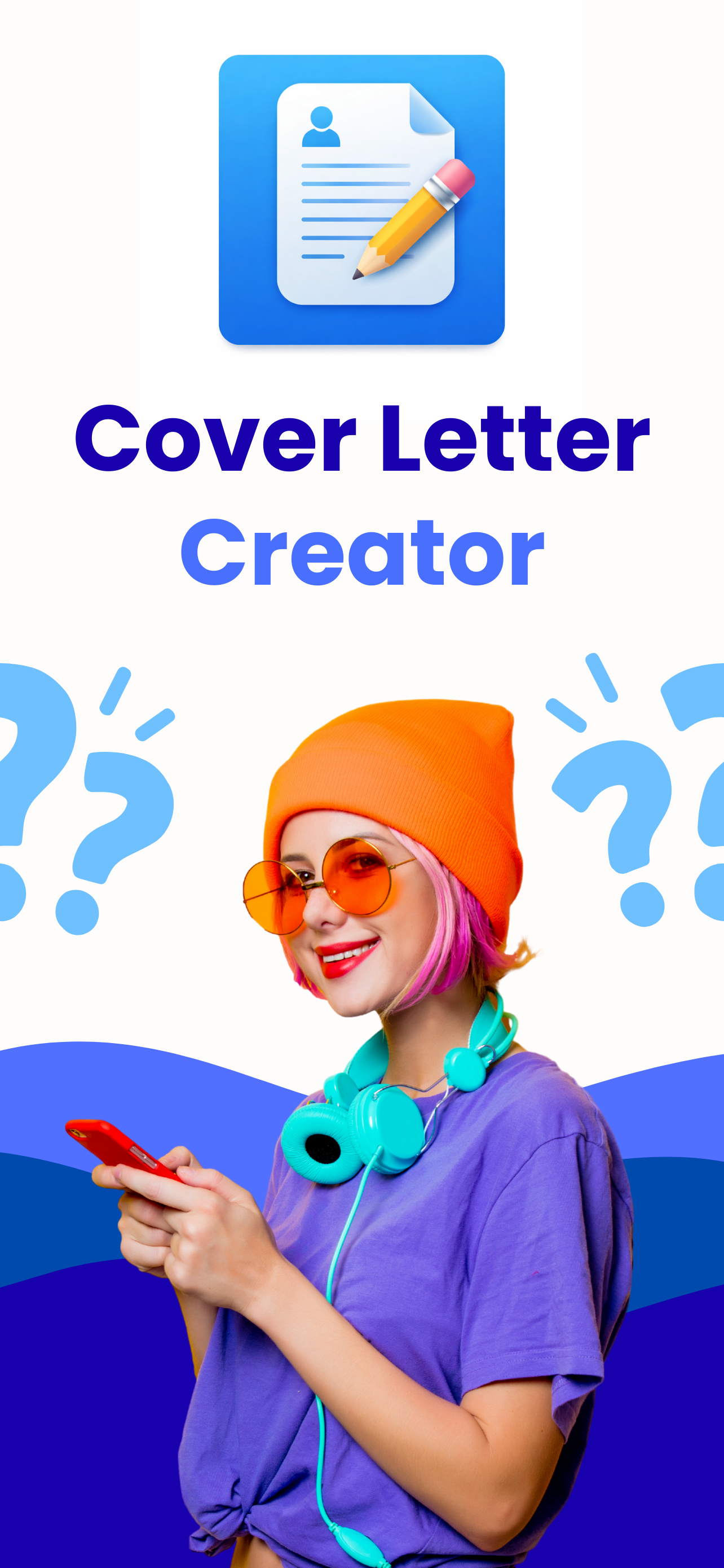 Cover Letter Creator brand art: the app icon and wordmark with an illustration of a person holding a phone