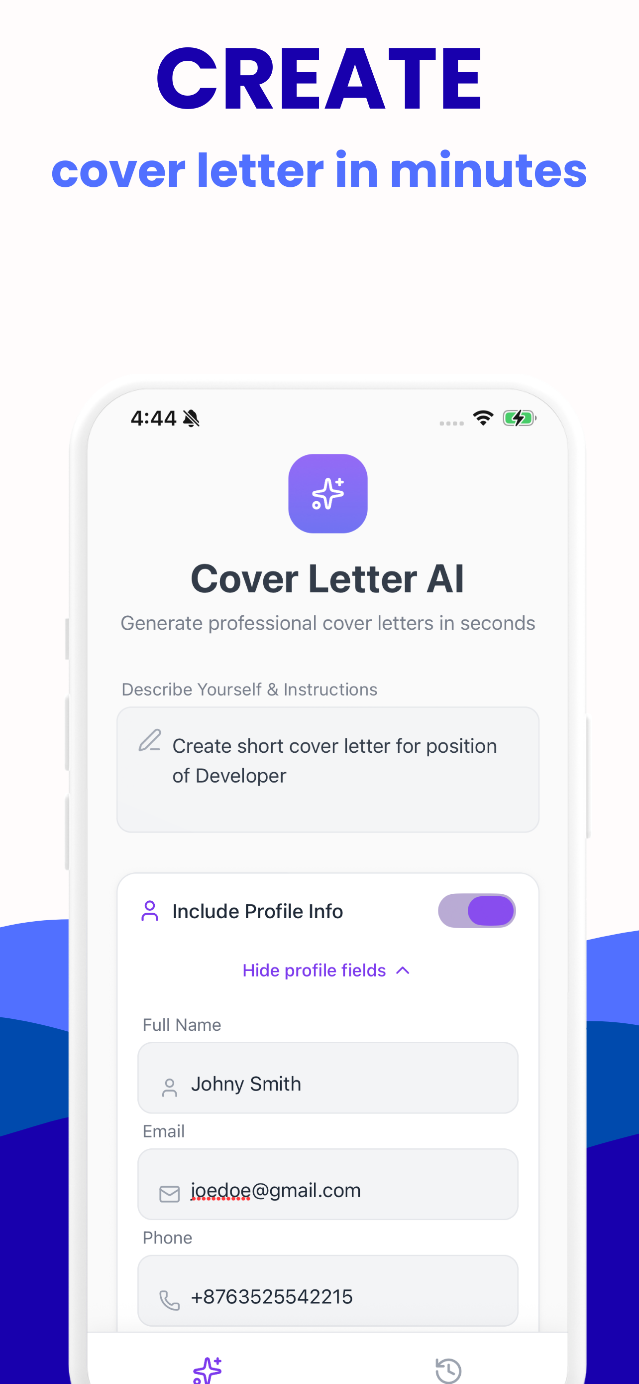 The generator screen of the Cover Letter Creator app: a prompt describing the role, an Include Profile Info toggle and saved profile fields