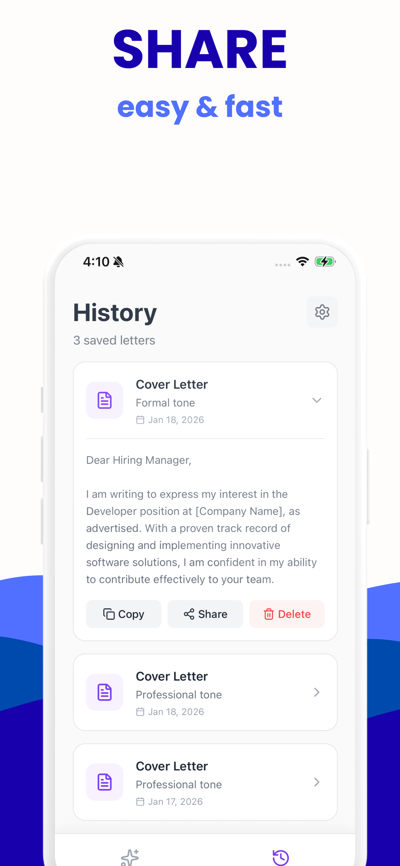 The History screen of the Cover Letter Creator app listing three saved letters, one expanded with Copy, Share and Delete buttons